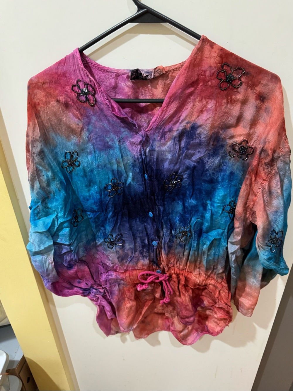 Tie-Dye Button Front Fairy Blouse in Blue & Pink
